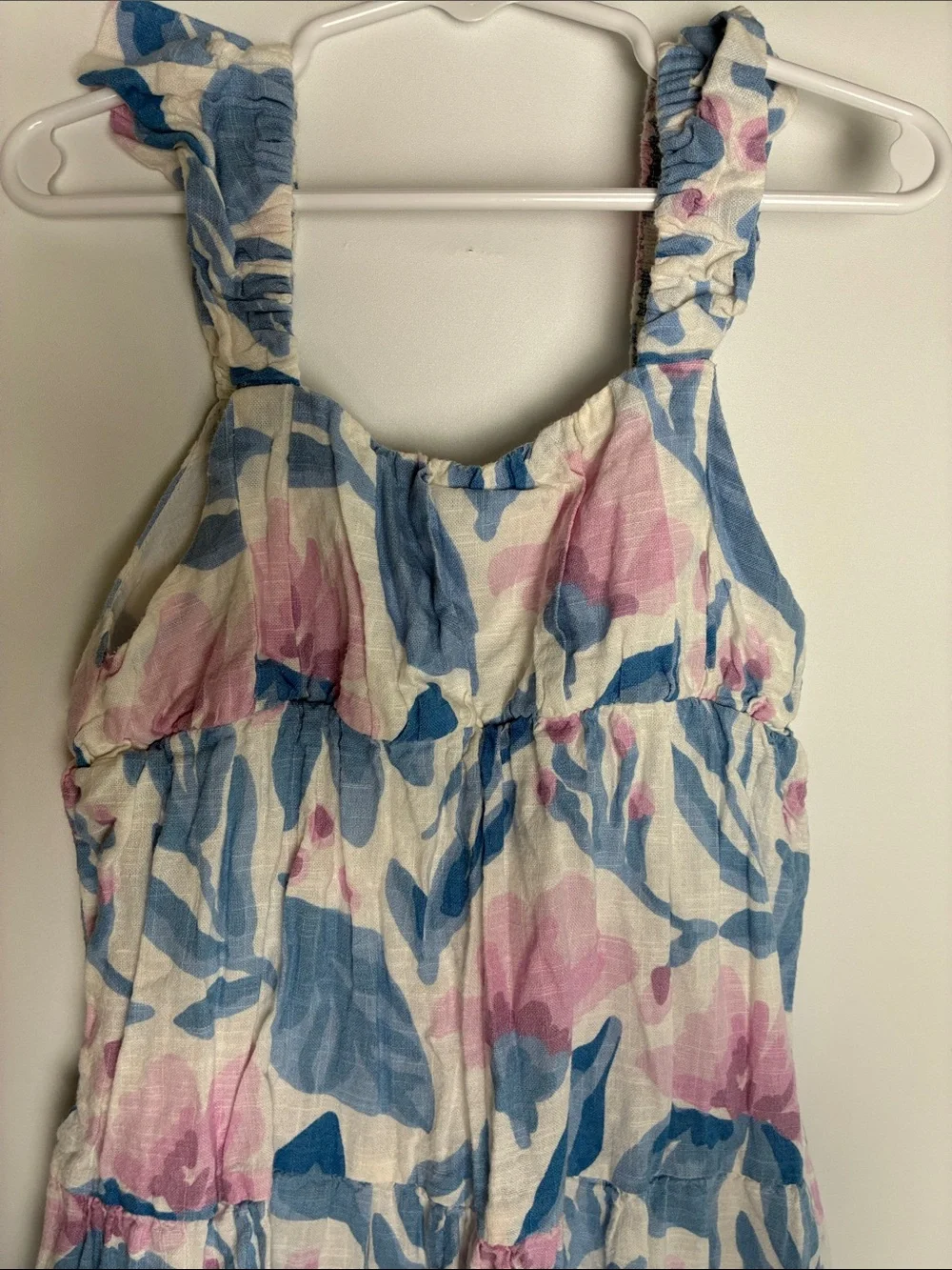 Sfera Girls' Ruffled Strap Floral Sundress in White, Blue & Pink